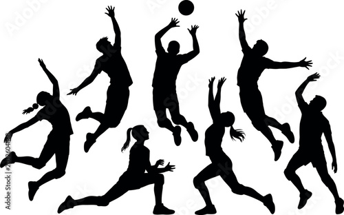 Black silhouettes of people playing volleyball on white background