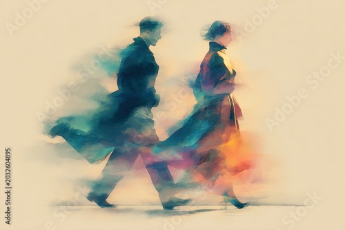 Digitally enhanced illustration of two figures in motion, blurred with colorful accents