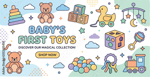 Bilde på lerret Baby First Toys Shop Banner and Magic Collection Vector Template