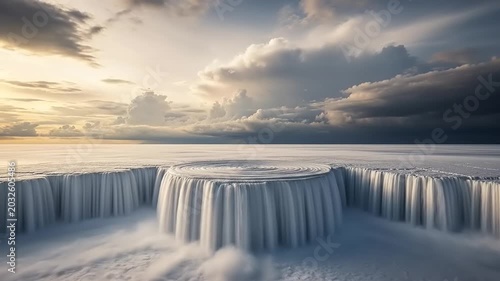 Majestic Waterfall Plunging into a Vast Expanse Under a Dramatic Sky at Sunset.
