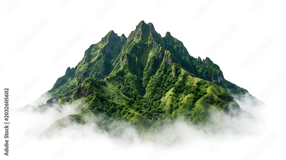 Fototapeta premium Green mountain peak above fog isolated on transparent background