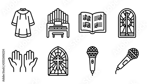 Obraz na płótnie Church Worship Icons: Choir Robe, Organ, Hymnal, Stained Glass, Hands, Cross, Mi