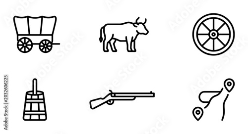 Foto Wild West Icons: Wagon, Cow, Rifle, Butter Churn, Wheel, Map Pins, Vector Set