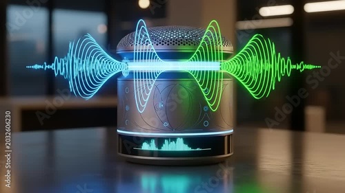 Modern Smart Speaker Emitting Sound Waves in Blue and Green.