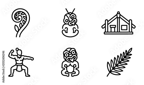Konstfotografi Maori Cultural Icons Set: Fern, Tiki, Marae, Warrior, Hei Tiki, Leaf Vector Grap