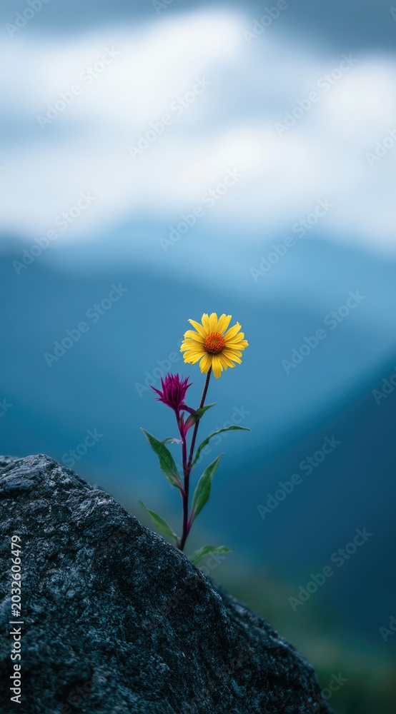 Obraz premium A solitary yellow flower and a smaller pink bud bloom from a rock