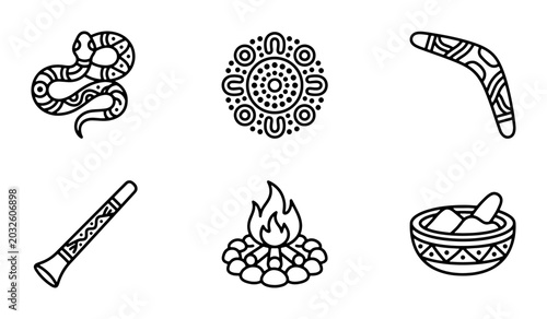Foto Australian Aboriginal Culture Icons Set: Snake, Dot Art, Boomerang, Didgeridoo,