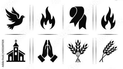 Set of religious icons including dove flames praying hands church olive branch and ribbon on white background