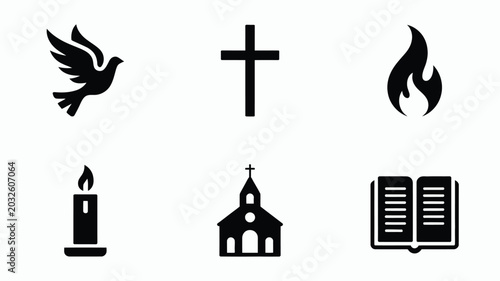 Foto Minimalist religious icons set including dove cross flame candle church and holy