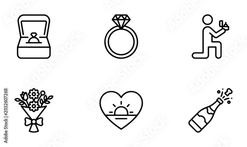 Foto Wedding Proposal Icons: Ring Box, Diamond Ring, Man Proposing, Bouquet, Heart Su