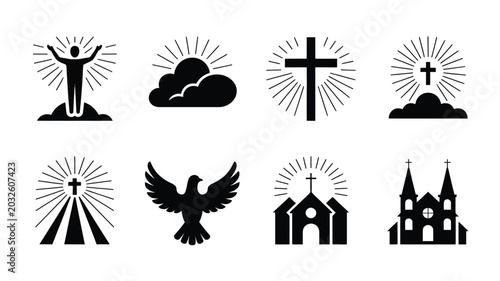 Foto Ascension day icon bundle christian symbols and churches religious icons set