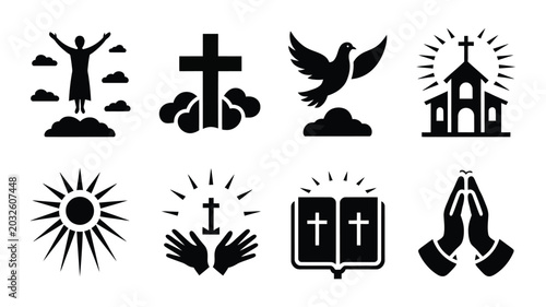 Cuadro en lienzo Collection of christian religious icons and symbols including a figure ascending