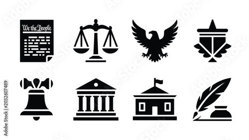Quadro su tela American government symbols and icons set including constitution scales eagle li