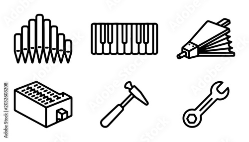Musical Instrument Repair Tools, Organ Pipes, Piano Keyboard, Bellows, Wrench, Hammer Icons