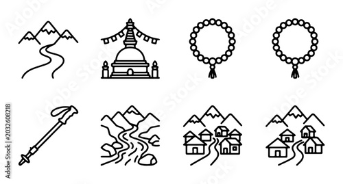 Canvastavla Nepal Icons: Mountains, Stupa, Prayer Beads, Trekking, Villages, Rivers, Vector