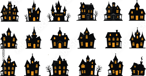Tableau sur toile Collection of various haunted houses and spooky mansions with glowing windows on