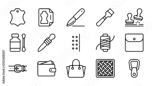 Foto Leather Crafting Tools and Accessories Icons, 15 Vector Elements for Handmade Go