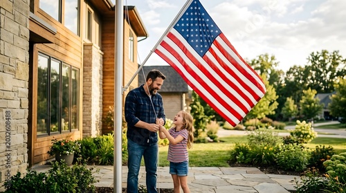 Father and Daughter Enjoying American Flag Outdoors During Day