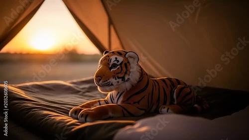 Plush Tiger Toy Resting Inside a Tent During a Golden Sunset.