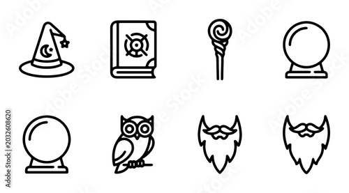Photos Magic Icons Set: Wizard Hat, Spellbook, Crystal Ball, Owl, Staff, Beard Vector G