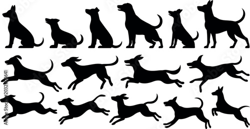 Photos Collection of diverse dog silhouettes in various playful and static poses on a w