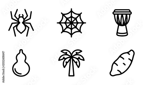 Slika na platnu African Safari Icons: Spider, Web, Drum, Gourd, Palm Tree, Sweet Potato Vector S