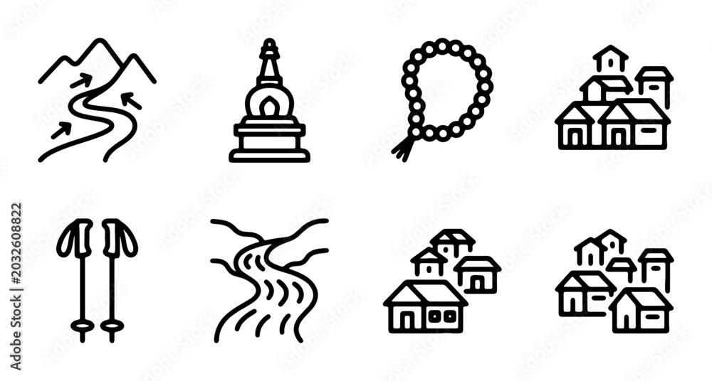 Naklejka premium Nepal Icons: Mountain Trekking, Stupa, Prayer Beads, Villages, Skiing, Rivers