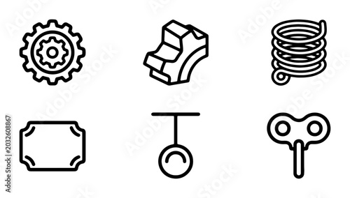 Foto Mechanical Icons Set: Gears, Springs, Wind-up Key, Cogwheel, Mechanism Elements
