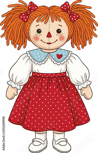 Cute hand drawn Raggedy Ann rag doll illustration with orange hair wearing a red polka dot dress