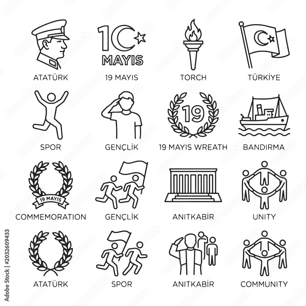 Fototapeta premium Illustrations commemorating May 19th national youth and sports day symbols Turkey