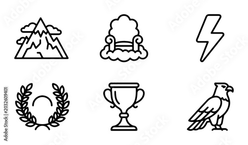 Photos Mythology Icons Set: Olympus Throne, Laurel Wreath, Trophy, Eagle, Mountain, Lig