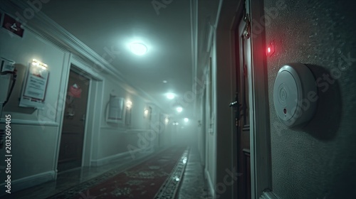 Dimly Lit Hotel Corridor with Smoke and Red Alarm Light, Long Hallway in a Hotel or Office Building