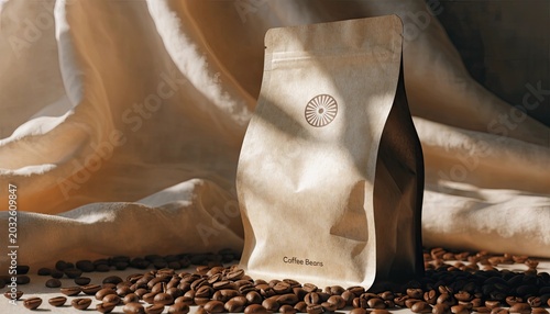 Brown paper coffee bag with coffee beans and fabric background packaging