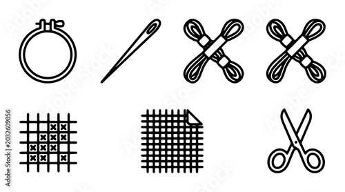 Fényképezés Embroidery Supplies Vector Icons: Hoop, Needle, Thread, Fabric, Scissors, Cross