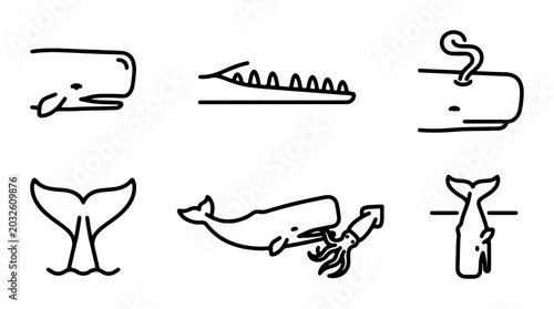 Foto Minimalist Marine Mammal Icons, Whale and Squid Vector Set, Ocean Wildlife Line