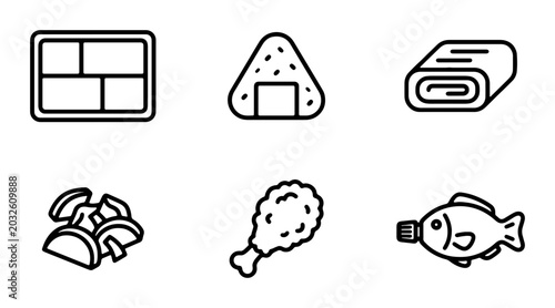 Canvastavla Japanese Food Icons: Bento Box, Onigiri, Sushi Roll, Fried Chicken, Fish Soy Sau