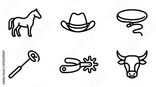 Bilde på lerret Western Cowboy Icons: Horse, Hat, Lasso, Branding Iron, Spur, Bull Head Vector S