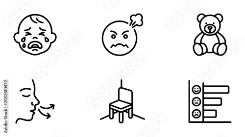 Tableau sur toile Emotions Icons: Crying Baby, Angry Face, Teddy Bear, Breathing, Time Out Chair,
