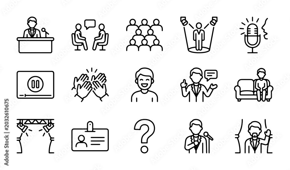 Fototapeta premium Public Speaking Icons, Presentation Graphics, Audience Engagement, Event Icons, Communication Vector Set