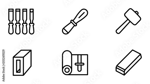Cuadro en lienzo Woodworking Tools Collection, 6 Vector Icons Set: Chisels, Mallet, Rasp, Sharpen