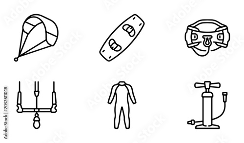 Bild auf Leinwand Kitesurfing Equipment Icons Set, Water Sports Gear Vector Graphics, Kiteboard, H