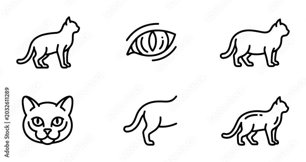 Fototapeta premium Cat Icons, Feline Vector Graphics, Pet Animal Line Art Set, Cute Kitten Illustrations