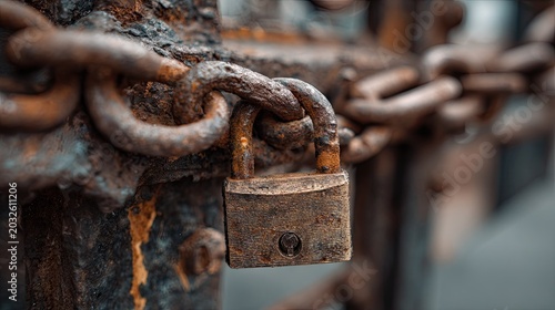 Close-up of rusty metal chain and padlock securing an aged, weathered lock against blurred background
