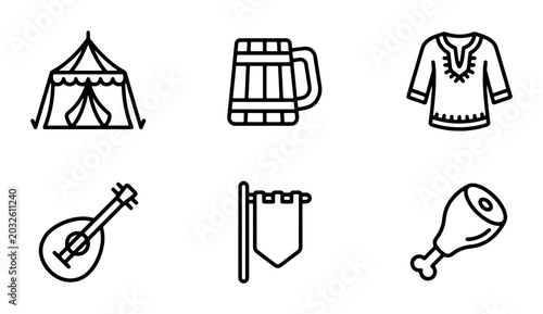 Schilderij op canvas Medieval Icons Set: Tent, Mug, Tunic, Lute, Banner, Meat Leg, Vector Graphics