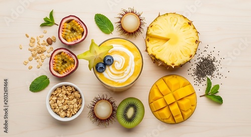 Healthy tropical smoothie with fresh mango pineapple kiwi and passion fruit flat lay