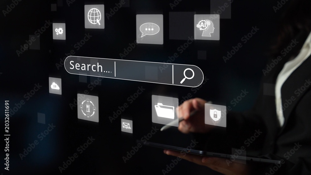 Naklejka premium Search engine research, SEO optimization, search data analysis, keyword strategy, and digital visibility improvement through effective search engine and SEO tools. Muxer