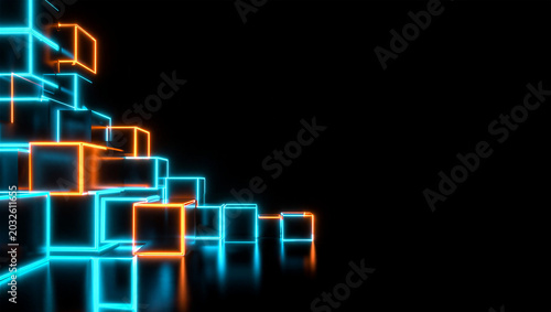 Abstract background with glowing neon cubes in blue and orange colors