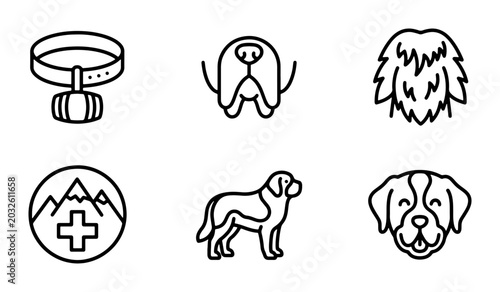 Dog Icons Set: Saint Bernard, Pet Collar, Mountain Rescue Emblem, Canine Faces Vector Art
