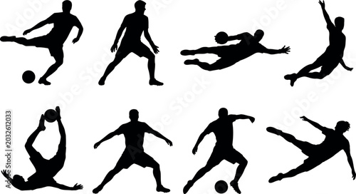 Diverse group of dynamic male soccer players in silhouette action poses kicking and catching the ball