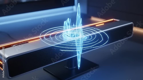 Futuristic Sound Wave Visualization Emanating from Device.